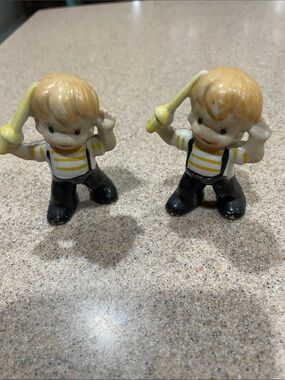 Classic Vtg Set Of 2 Blonde Boy Figurines with sword striped shirt Japan